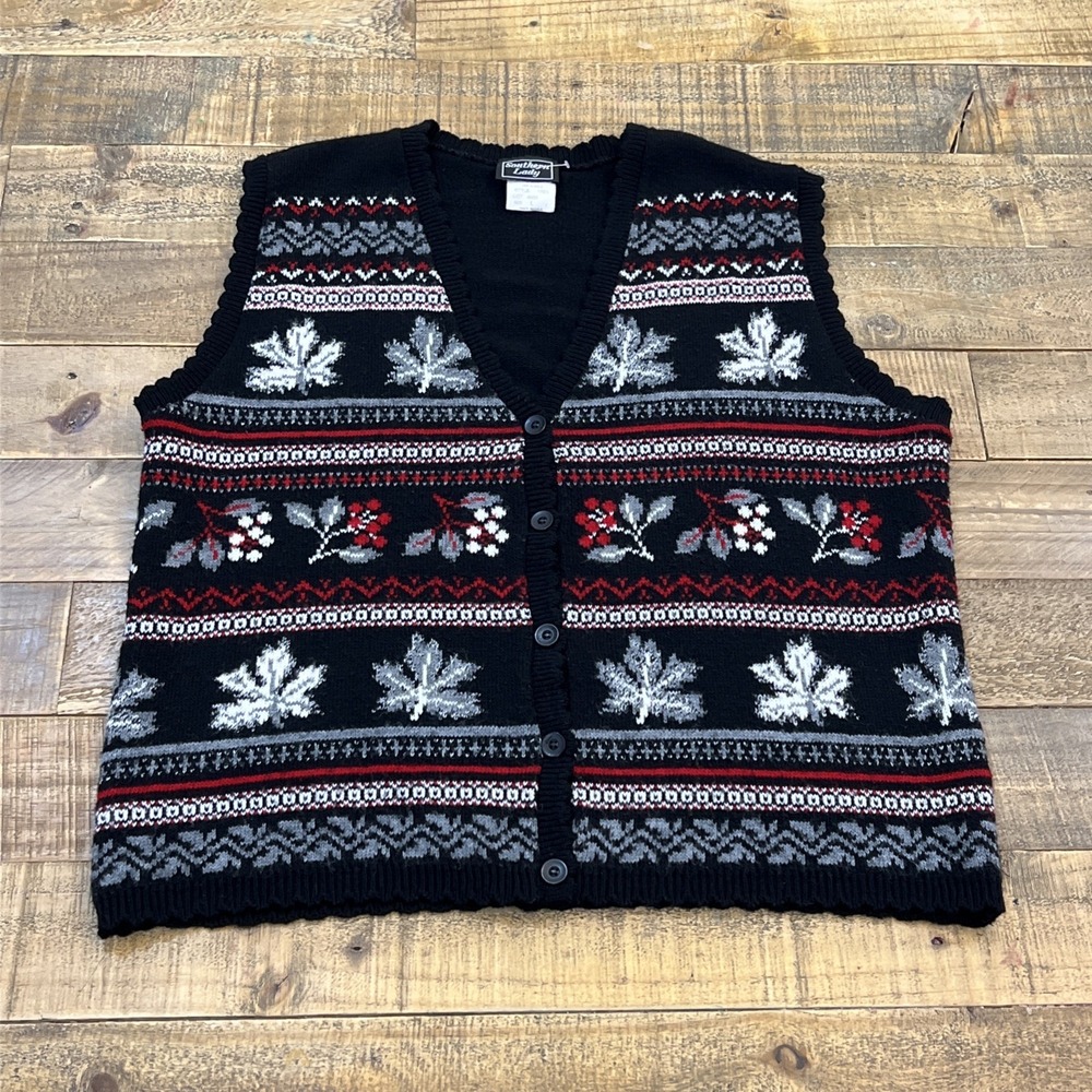 Southern Lady Womens Sweater Vest Size Large Fair Isle Knit Cozy Button Up